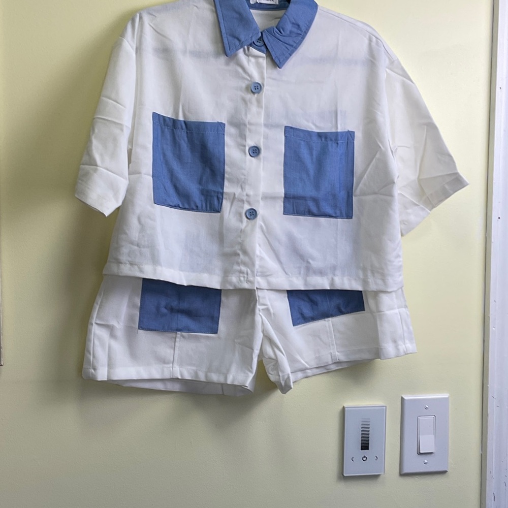 la Diosa Stylish White and Blue Button-Up Crop Top with Matching Shorts
